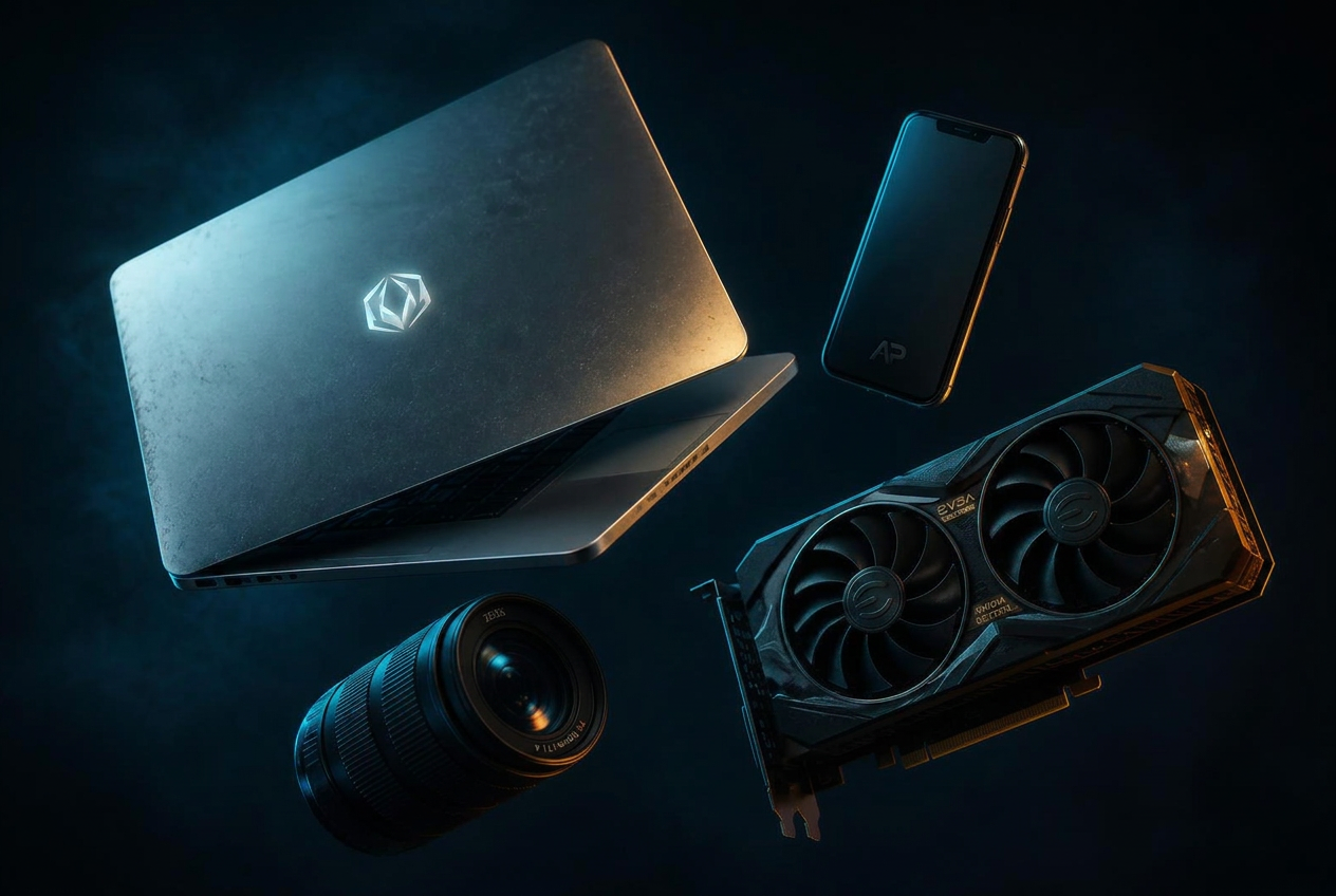 Used laptop, smartphone, camera lens and graphics card on a dark background